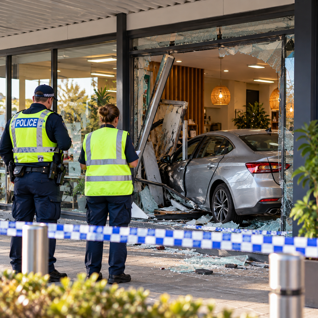 AI-generated illustration of a car inside a damaged shopfront in Weston