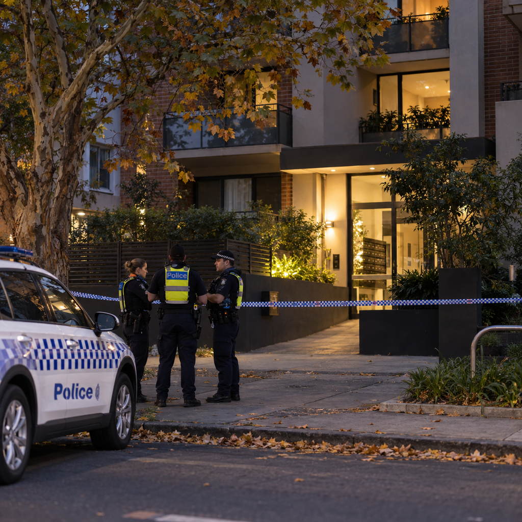 AI-generated illustration of police outside a Melbourne apartment building