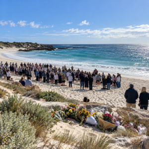 AI-generated illustration of a community memorial at a Perth beach