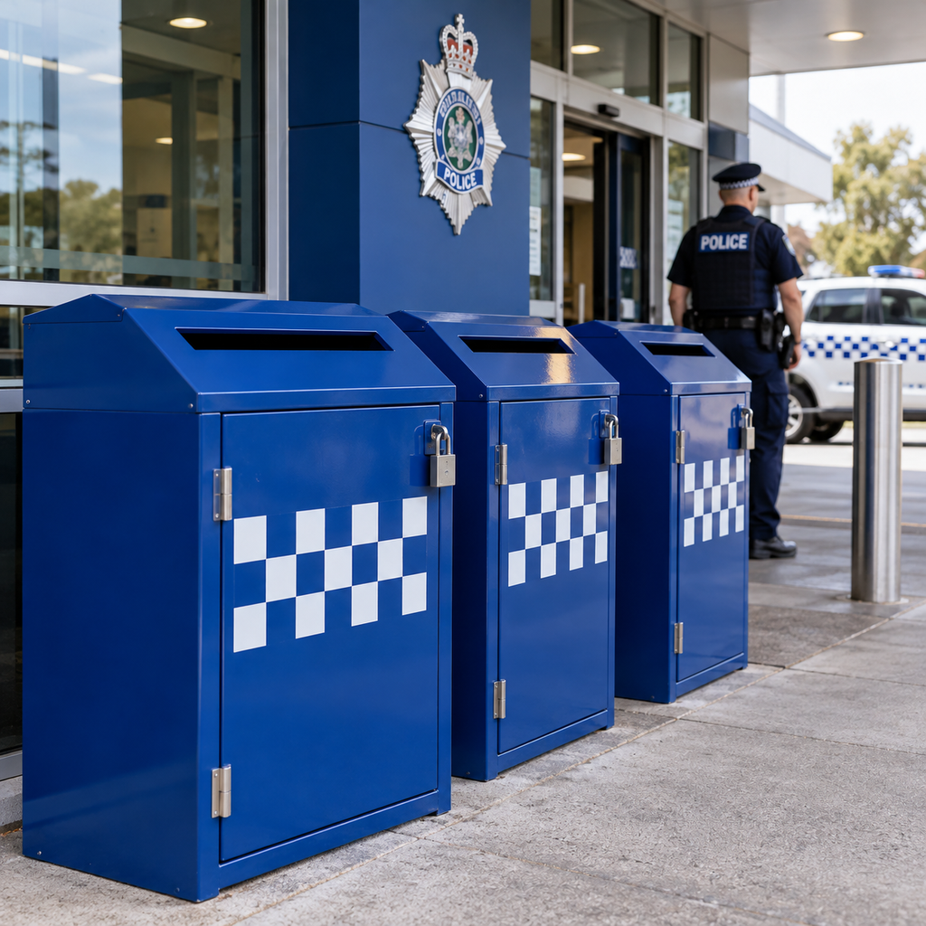 AI-generated illustration of blue secure knife surrender bins outside a Victorian police station