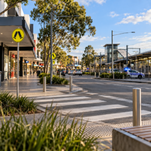 Contextual illustration of a western Sydney shopping precinct and street crossing, not the Mount Druitt crime scene.