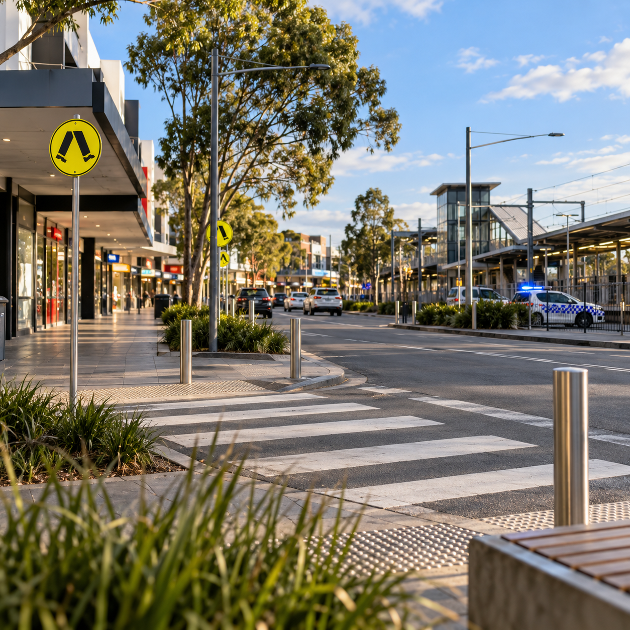 Contextual illustration of a western Sydney shopping precinct and street crossing, not the Mount Druitt crime scene.
