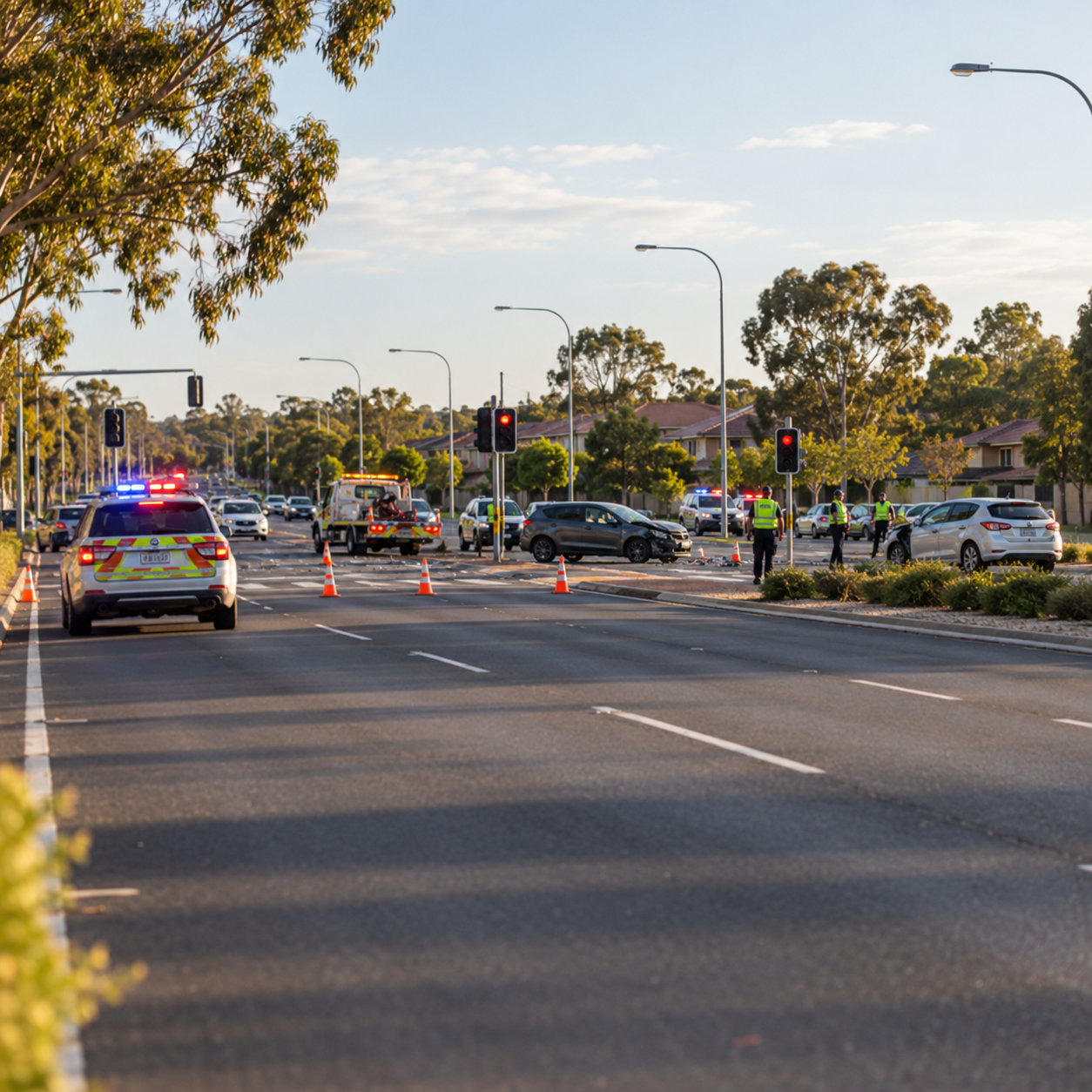 Illustration of a Perth suburban road with emergency responders, not an authenticated photograph of the Leeming crash.