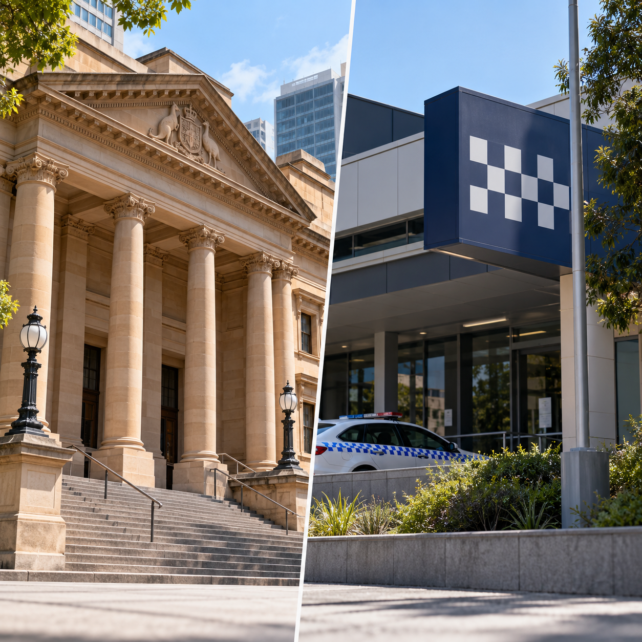 Illustrative NSW courthouse and police station exteriors representing Tobias Moran’s civil legal action.