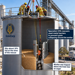 Illustrative cutaway of a grain silo rescue using metal barriers around an entrapped worker; not a photograph from Dunolly.