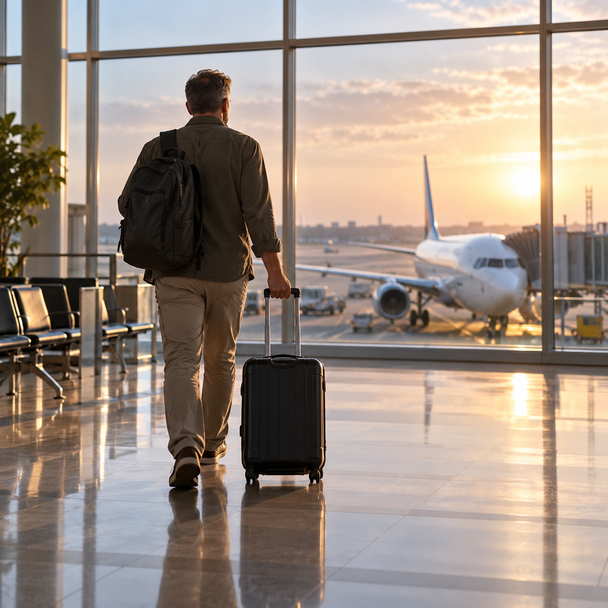 Symbolic airport departure illustration of a traveller with luggage, not a photograph of Robert Pether.