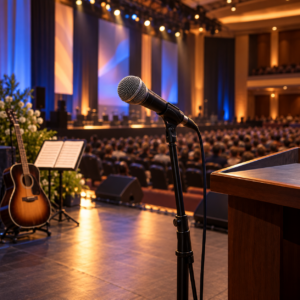 Illustrative conference stage with microphone and guitar, representing the dispute over the song I Am Australian.