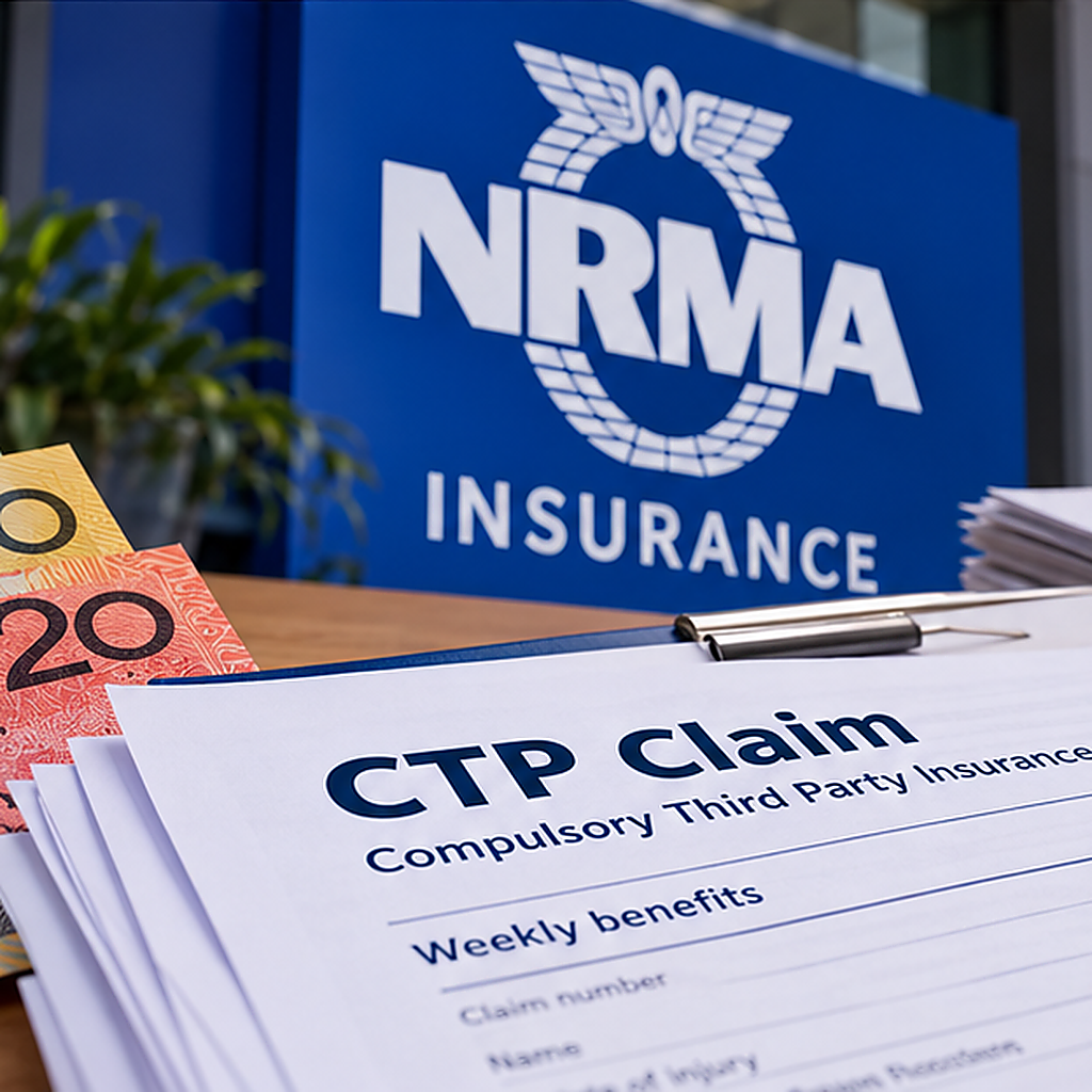 Illustrative NRMA Insurance CTP claim documents, a calculator and Australian currency; no personal claimant data.