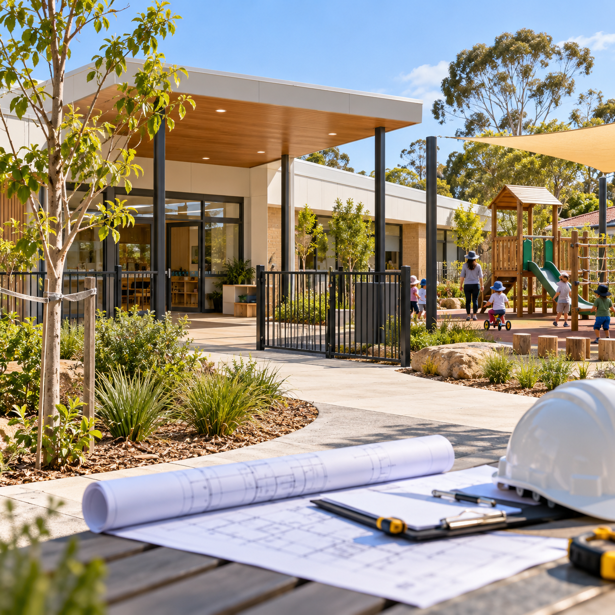 Illustrative public preschool building and playground representing the NSW rollout, not an identified opening site.