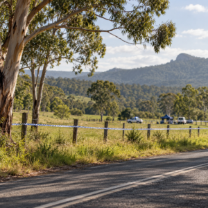 Conceptual view of a rural Northern Rivers road with a distant police cordon; not a photograph of the Yvonne Whear investigation.