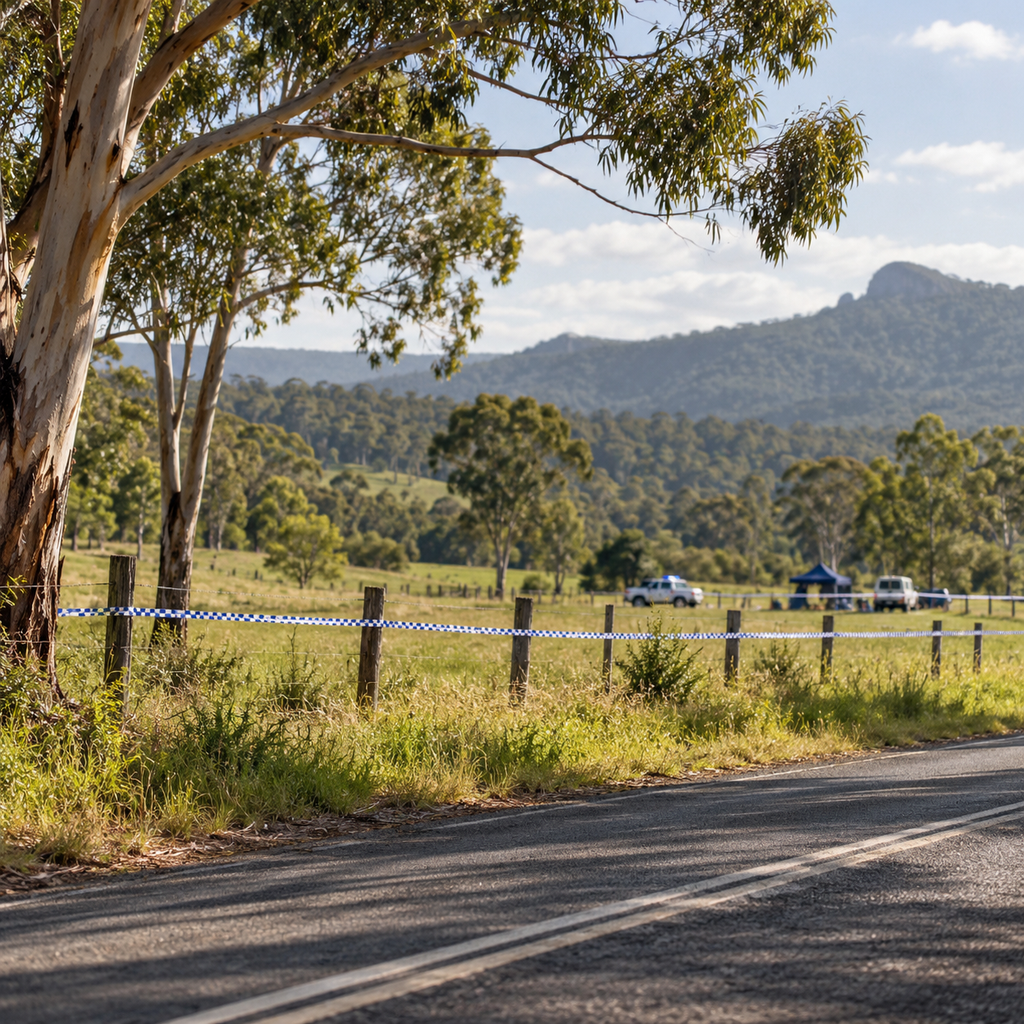 Conceptual view of a rural Northern Rivers road with a distant police cordon; not a photograph of the Yvonne Whear investigation.