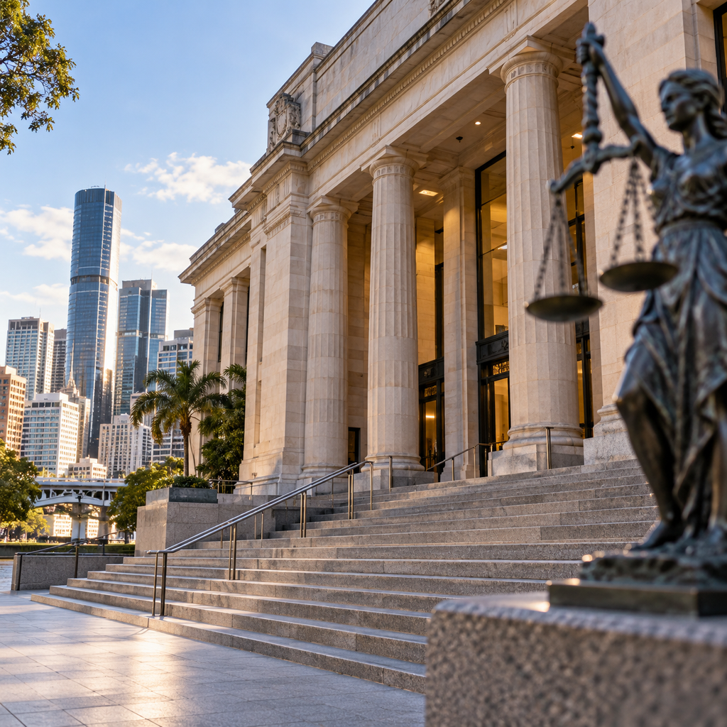 Illustrative image of a Queensland-style courthouse and justice statue; no person involved in the murder retrial is depicted.