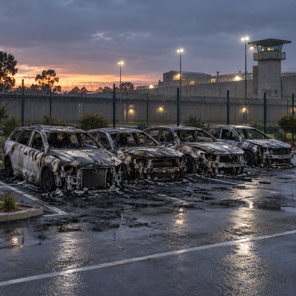 Illustrative image of damaged cars near a generic correctional facility; not a photograph of the Yatala prison fire.
