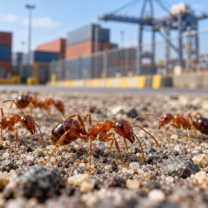 Illustration of red imported fire ants with a freight-container logistics backdrop; not a photograph of the Enfield detection site.