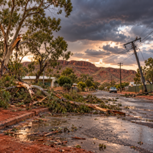 Illustrative storm damage to trees and power lines in a Central Australian streetscape; not a photograph of a particular Alice Springs street.