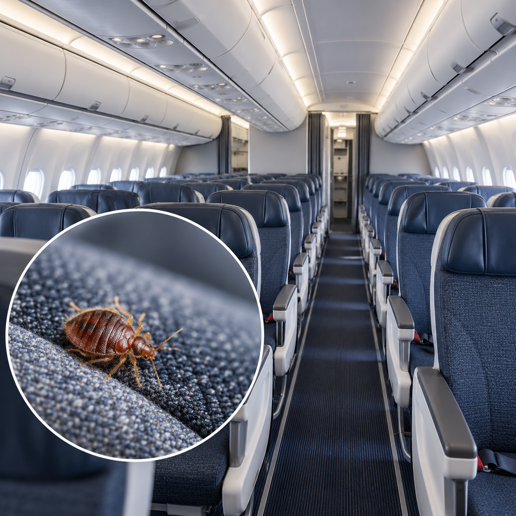 Conceptual view of an airliner cabin with a separate inset of a bed bug; not a photograph of the Qantas service.