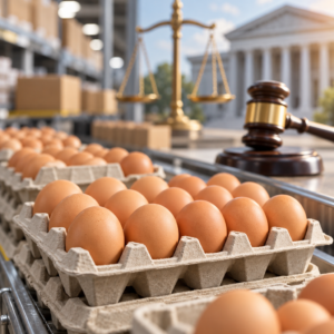 Illustrative egg cartons, legal scales and gavel for the ACCC civil proceedings; allegations not established by a court.