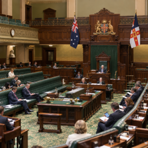 Illustrative NSW-style parliamentary chamber during routine proceedings; not a photograph of the Rising Tide protest or actual parliamentarians.