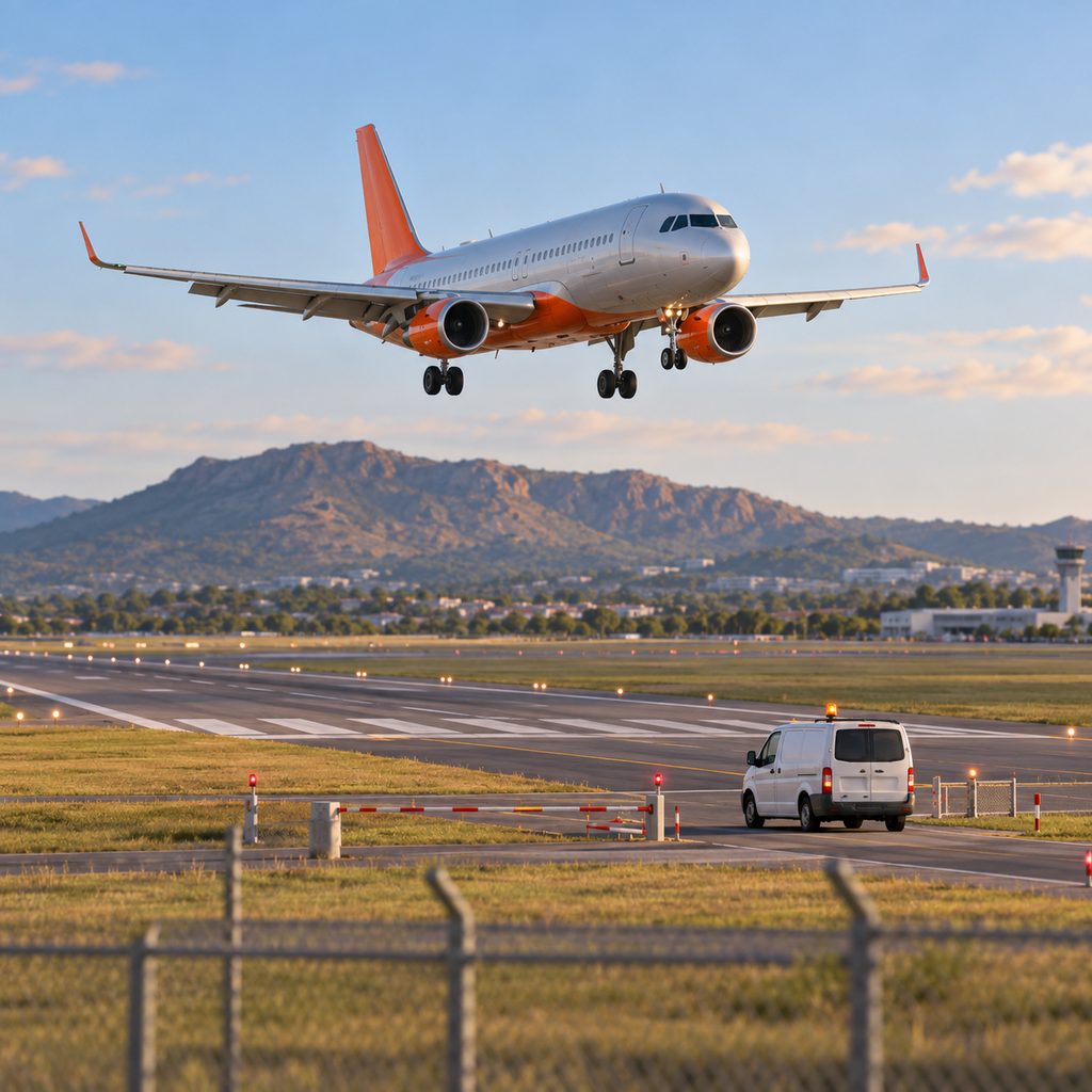 Conceptual image of a passenger aircraft approaching a runway with a white van nearby; not an actual image of Jetstar flight JQ908 or a measured separation.