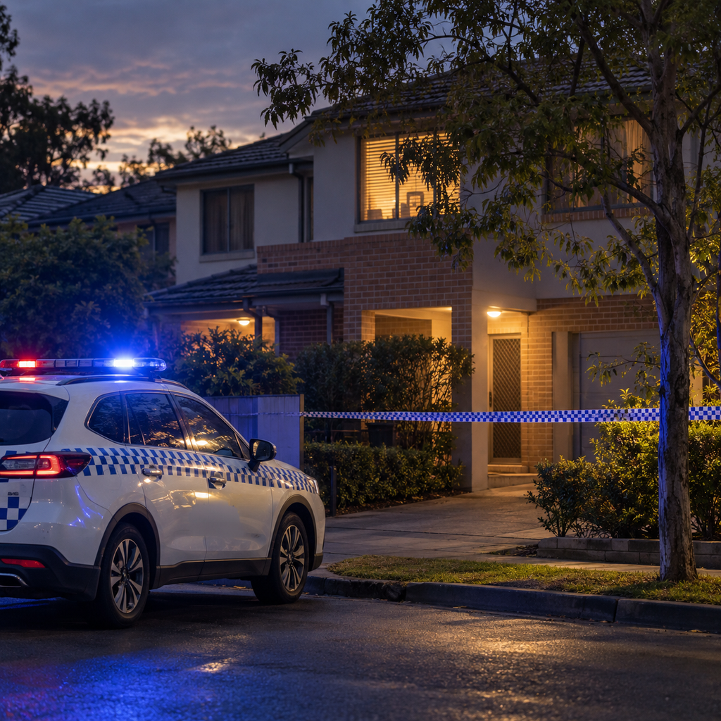 AI-generated contextual illustration of a police vehicle outside a generic suburban home; not the Norwest property, police operation or the actual crime scene.