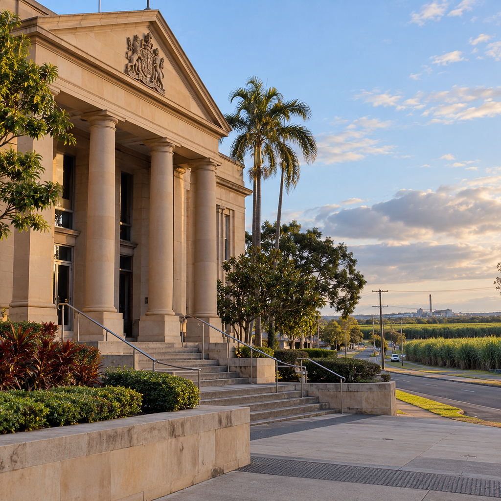Illustrative view of a regional Australian courthouse and rural road, not a photograph of the Bundaberg court or the fatal crash.