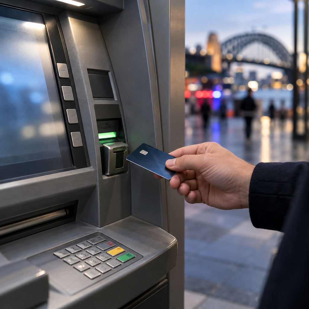 Illustrative ATM and bank card in Sydney, not a photograph of the alleged card-skimming investigation.