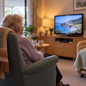 Illustration of an older care-home resident watching television; not the person or facility named in the article.