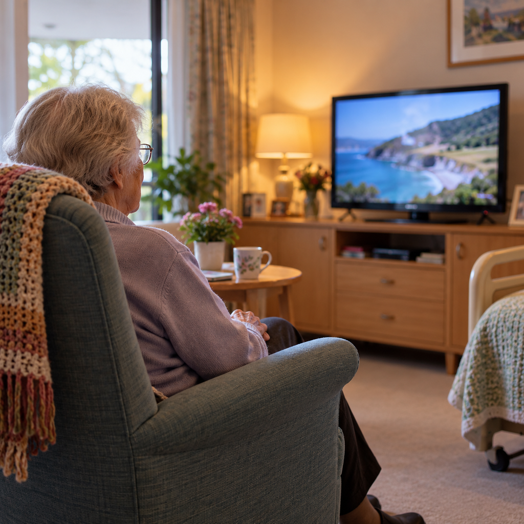 Illustration of an older care-home resident watching television; not the person or facility named in the article.