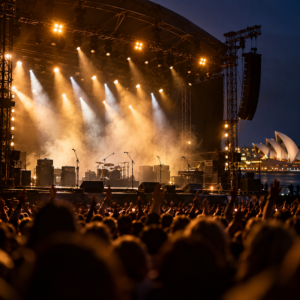 AI-generated illustration of a generic, unoccupied concert stage near a fictionalised Sydney Harbour scene; not Powderfinger, their announced venues or a reunion concert.