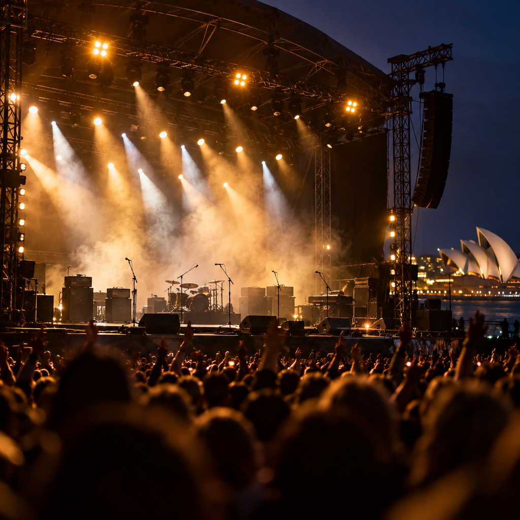 AI-generated illustration of a generic, unoccupied concert stage near a fictionalised Sydney Harbour scene; not Powderfinger, their announced venues or a reunion concert.