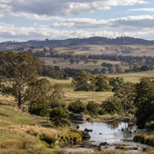 AI-generated illustration of a generic rural NSW valley with a stream and distant earthworks; not the actual McPhillamys Gold Project site or evidence that mining has started.