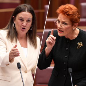 Editorial split image showing Jacqui Lambie and Pauline Hanson in separate parliamentary-style scenes.