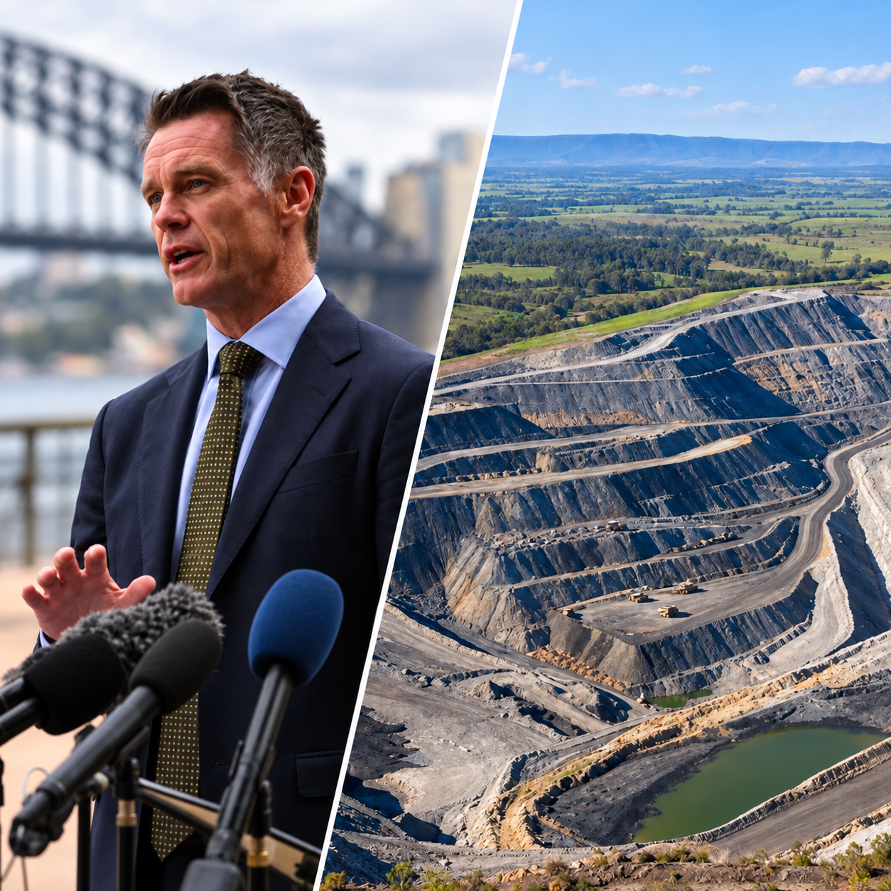 Editorial split image showing Chris Minns and a large open-cut coal mine landscape.