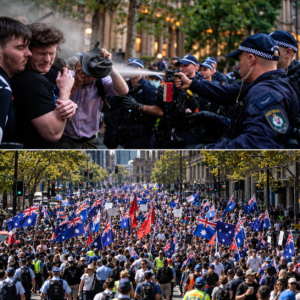Editorial composite depicting NSW police and a protest crowd; illustrative, not verified footage of a specific confrontation.