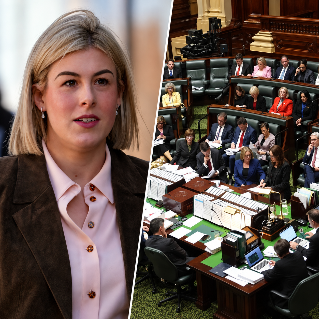 Editorial split image showing Jess Wilson and a parliamentary chamber.