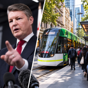 Editorial split image of Ben Carroll speaking and a Melbourne tram at a city stop.