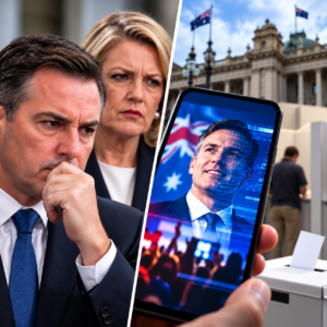 Editorial composite of election-campaign figures and a phone showing illustrative digital campaign material.