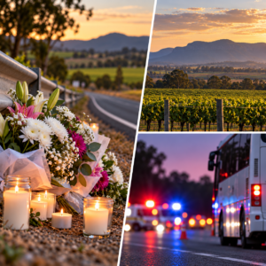 Editorial composite showing roadside flowers, Hunter Valley landscape and a coach; not a photograph of the 2023 crash.