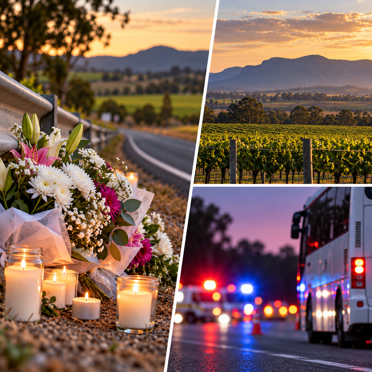 Editorial composite showing roadside flowers, Hunter Valley landscape and a coach; not a photograph of the 2023 crash.