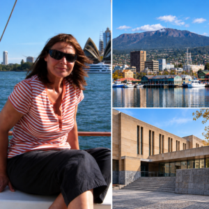 Editorial illustration of a woman on a Sydney Harbour yacht beside Hobart waterfront and a modern court-like building.