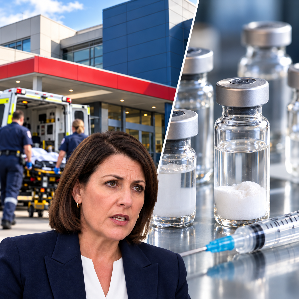 Editorial health composite with emergency department exterior and unbranded medicine vials; illustrative.