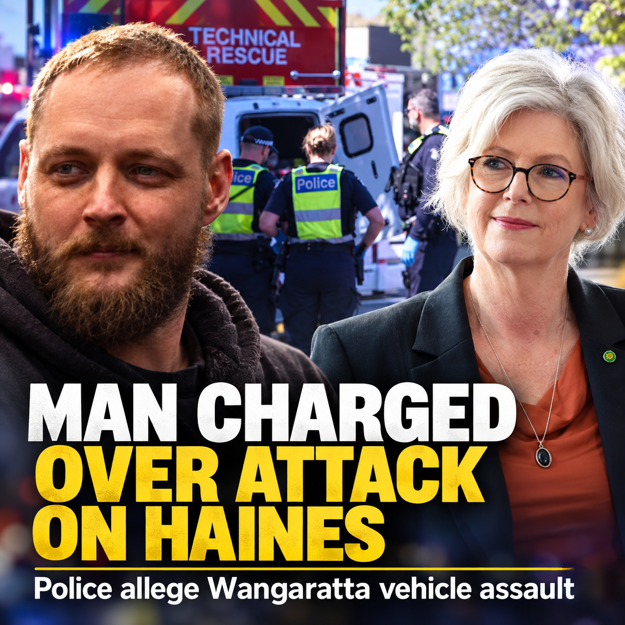 AI-assisted editorial composite involving Helen Haines and the charged suspect; not a single event photograph