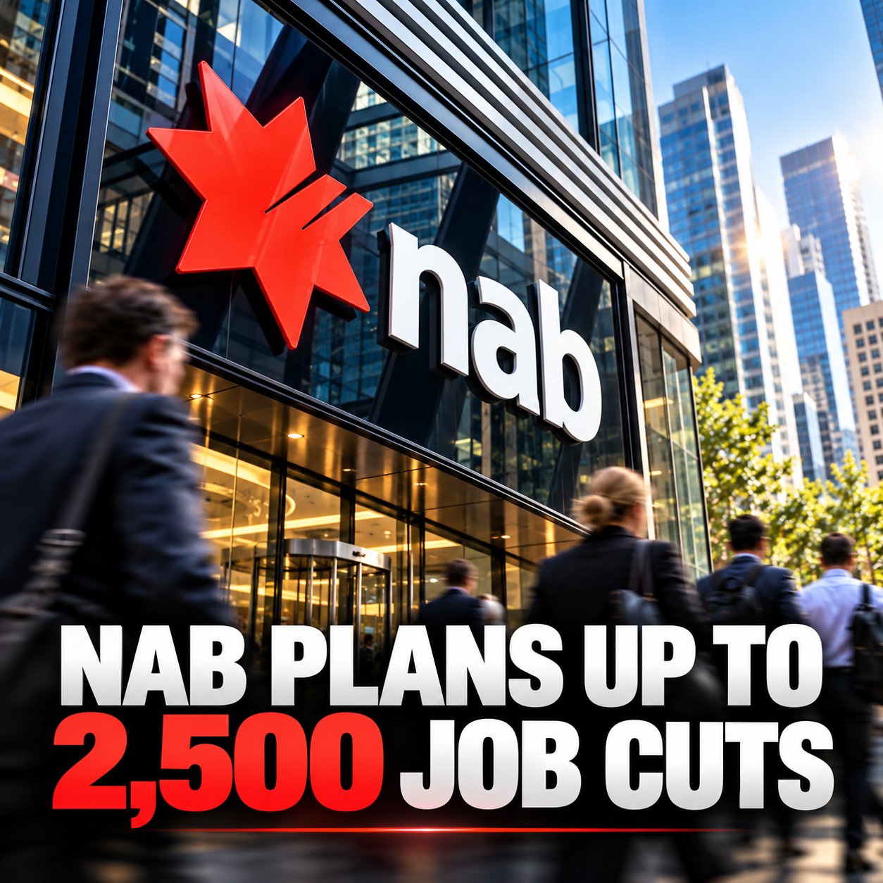 AI-assisted editorial illustration of National Australia Bank building with signage and an up to 2,500 job cuts headline; not a documentary photo of layoffs