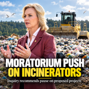 AI-assisted illustration of waste issue and moratorium recommendation; not a photograph of a proposed facility or hearing