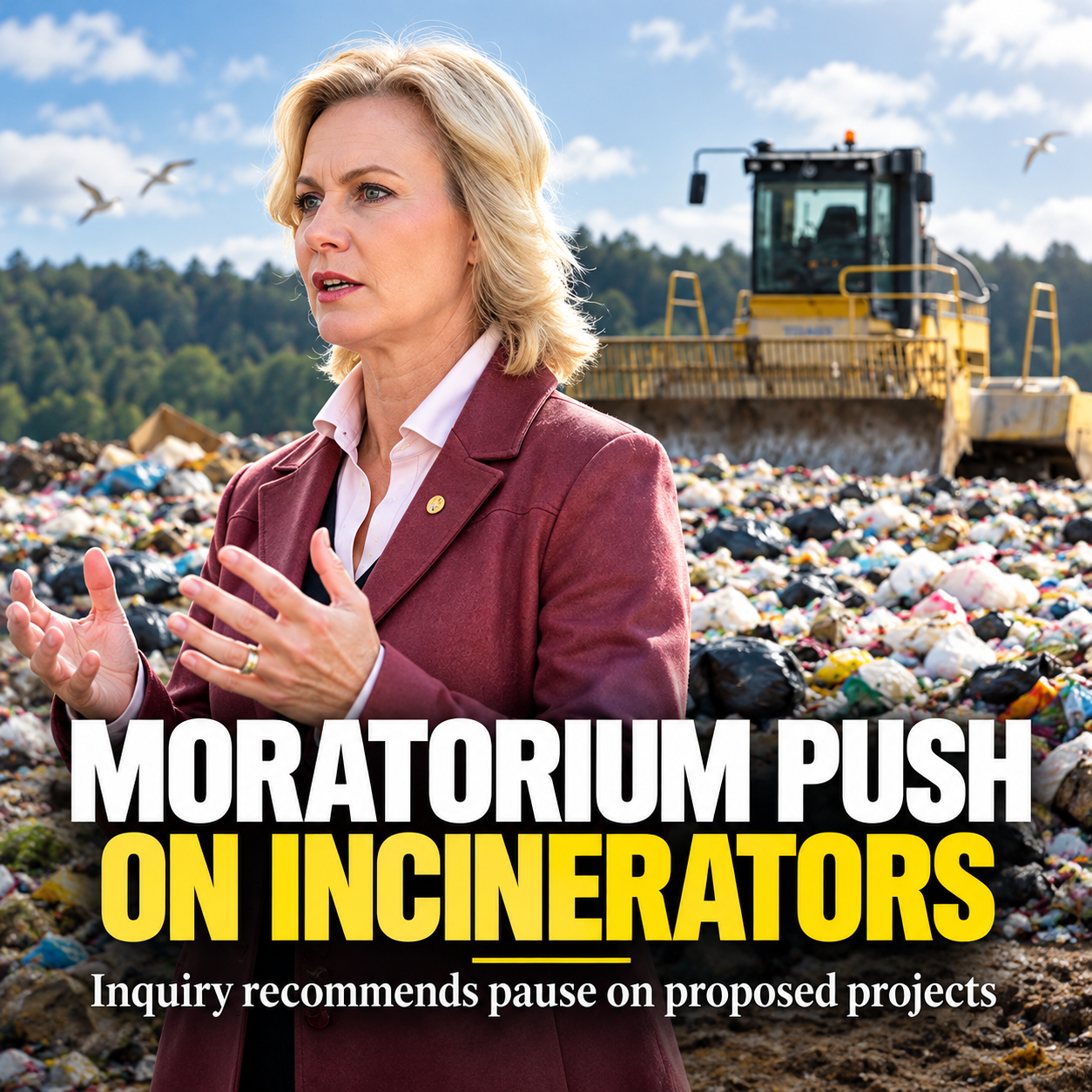 AI-assisted editorial illustration on NSW proposed incinerators, not a photo of a proposed site