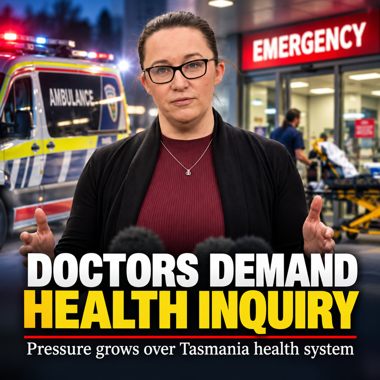 AI-assisted illustration of a Tasmanian health inquiry spokesperson with hospital and ambulance background