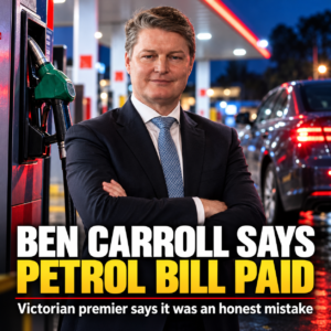 Victorian Premier Ben Carroll with petrol station illustration about his later-paid fuel bill.