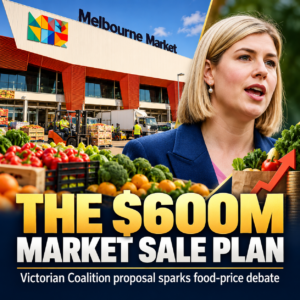 Melbourne Wholesale Market with politician in editorial illustration about a proposed sale.