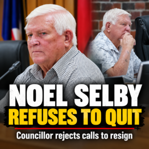 Councillor Noel Selby at a council meeting; graphic about his refusal to resign.