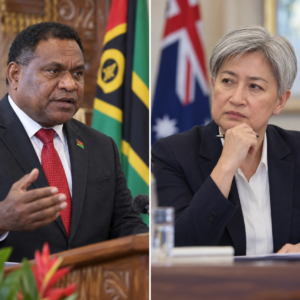 AI-generated editorial illustration: Vanuatu and Australian diplomatic positions